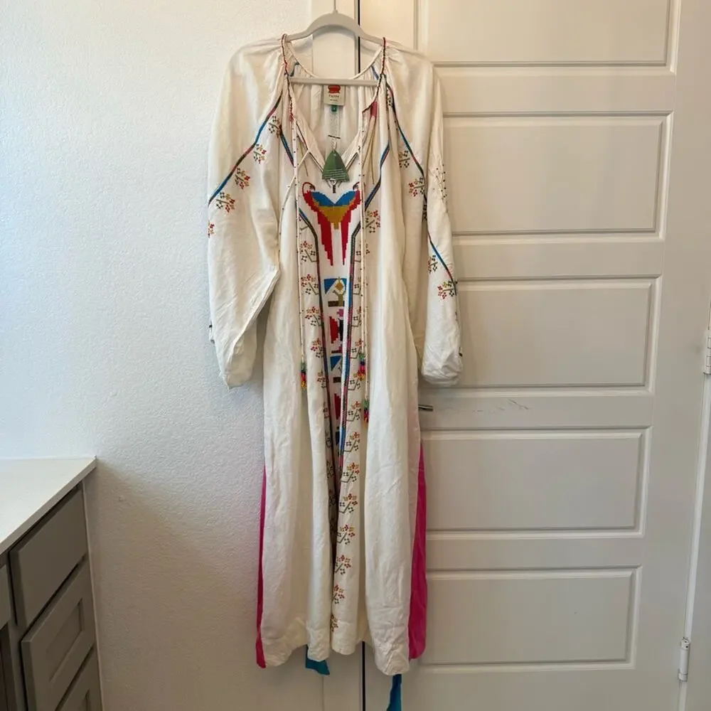 Farm Rio Macaw Embroidered Linen Caftan Midi-Dress